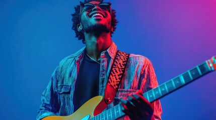 Passionate musician playing guitar under vibrant neon lights displaying great skill and joy