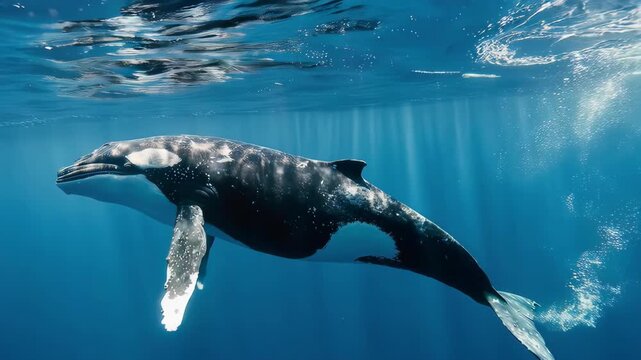 Humpback Whale Swimming Underwater in Ocean.