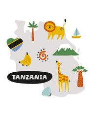 Tanzania Illustrated Map with African Wildlife Symbols. Cute Travel Vector Illustration for Prints, Posters