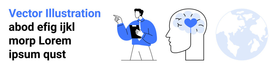 Mental health, global awareness, human intellect, healthcare, communication, education. Person gesturing to a head with a heart symbol, world map. Mental health and global awareness