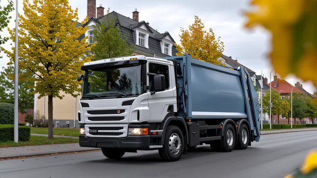 A garbage truck is driving down a street in front of a house. The truck is blue and white