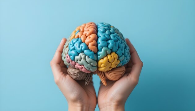 World Mental Health Day concept: adult hands holding a model of an autistic brain on a bright blue background, stroke, epilepsy, and Alzheimer's disease