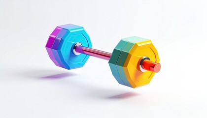 A colorful, 3D-rendered barbell floats on a white background