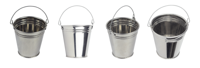 high-quality photograph of four shiny empty metal buckets, perfect for various household and decorative concepts, isolated on white.