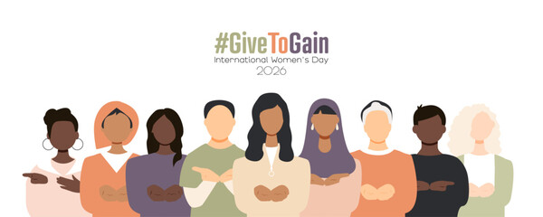 International Women's Day 2026 banner. #GiveToGain