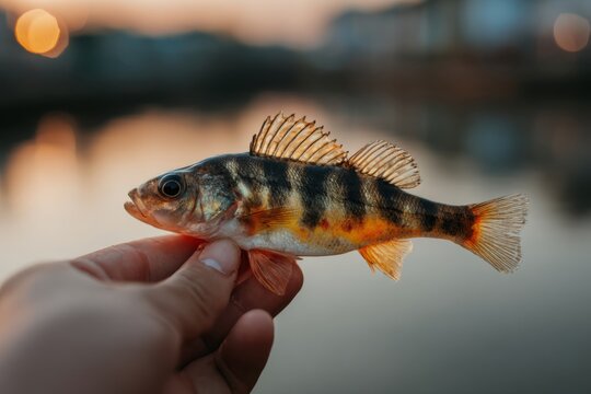 Fisherman shows a striped fish caught during sunset near a calm body of water while the sun sets behind buildings