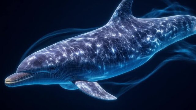 Bioluminescent dolphin glides through dark blue water, neon streaks tracing its sleek body with glow