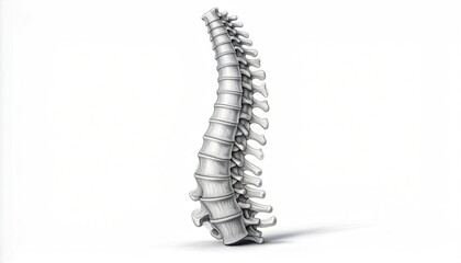 Detailed, anatomical rendering of a human spinal column, angled