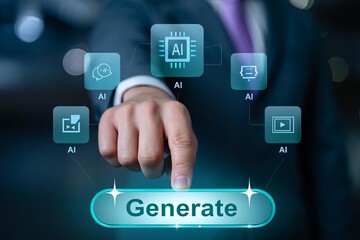 A businessman's hand uses a finger to touch a virtual screen button, representing a technology concept for future success, management strategy, and innovative online communication solutions