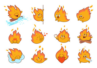 Cute fire characters. Sticker flames, cartoon funny fires in love, hold heart, send air kiss. Childish emotional mascots, sleeping, swimming, nowaday vector set