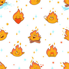 Funny fire characters seamless pattern. Emotional flames, fires with heart, ice cream, smile. Colorful print for fabric, wrapping, wallpaper, nowaday vector background