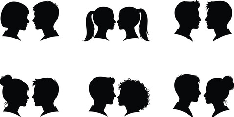 Eight black silhouette profiles of people facing each other in pairs on white background