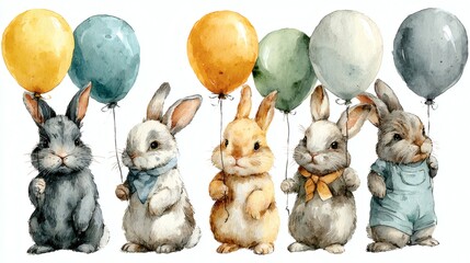 Nursery kids and baby shower celebrations feature a watercolor forest animal with a balloon