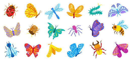Chalk drawing insects. Children style drawn butterfly, bug, bee, ladybug and dragonfly. Colored pencil or crayon sketch insect, seasonal characters neoteric vector set