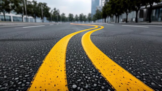 A road with a yellow line down the middle. The road is empty and the sky is cloudy