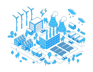 Isometric factory district. Modern manufacture running on clean energy, waste recycling, storage warehouses. Smart manufacturing, nifty vector scene