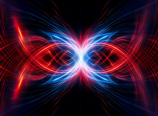 Abstract image featuring dynamic red and blue light trails converging centrally on a dark backdrop. Swirling lines create a symmetrical, vibrant, and energetic visual effect.