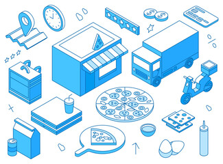 Isometric pizza order online. Pizzeria delivery line concept. Food, truck and bike, pizzas box, map with point. Italian cafe building, ordering and delivering nifty vector scene