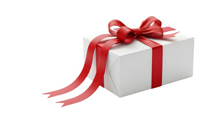 A white gift box isolated on transparent background with red ribbon and bow
