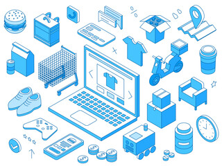 Isometric smart online shopping. Basket, laptop, smartphone, delivery service pack transport and map. Different items and food, parcels, nifty vector concept
