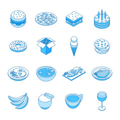 Isometric food outline icons. Sandwich, pizza, burger and take away asian noodles. Ice cream and fish, soup and breakfast fried eggs, meat steak, nifty vector clipart