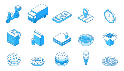 Isometric food delivery icons. Delivery man equipment, cooling bag, smartphone with orders, bike and mini truck. Meal packs, pizza box, noodles, nifty vector set