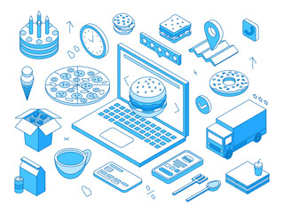 Isometric food order online. Delivery meals to home or office. Ordering burger, pizza, asian noodles or sandwich. Fast breakfast or dinner, tasty meals, nifty vector concept