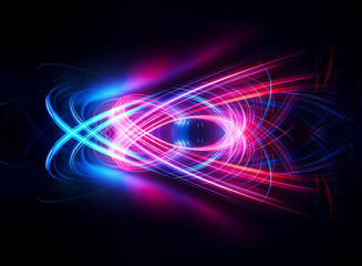 Abstract image featuring swirling light trails of vibrant blue and pink hues against a stark black backdrop, creating a sense of motion and energy with abstract forms.