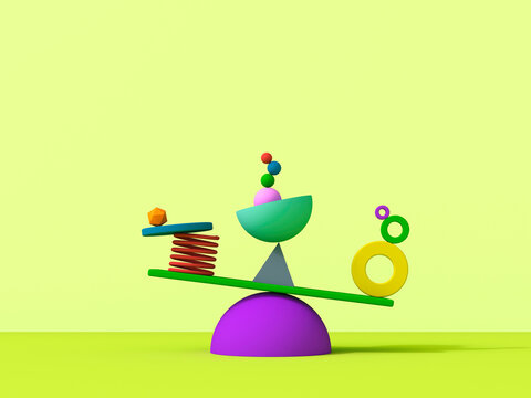 Colourful 3d geometric shapes balancing symbolically on yellow background