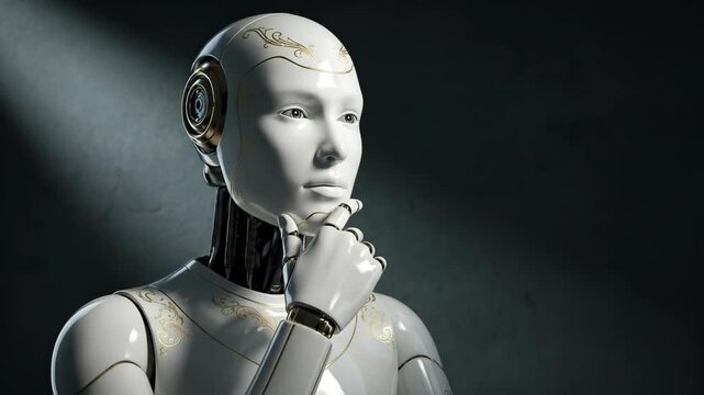 Female android robot in thoughtful poses sequence. Humanoid figure contemplates from profile to frontal view. Artificial intelligence reflection and deep thinking concept.