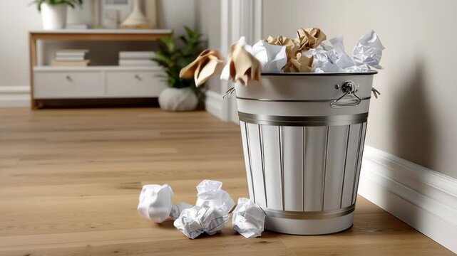A trash can full of paper is on a wooden floor. Concept of clutter and disorganization