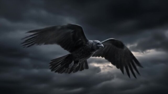 A raven with outstretched wings soars under a stormy, cloud-choked sky, ominous and dramatic, eerie