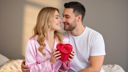 Happy couple sitting together on bed, woman holding red heart-shaped gift box, romantic moment in cozy home atmosphere