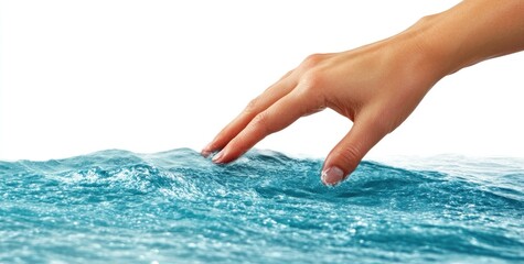 Human hand gently touching clean blue water with ripples, isolated on white.