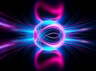 A luminous sphere emits blue and pink streaks against a dark backdrop, creating an abstract, futuristic, and vibrant visual.
