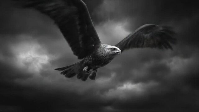 Monochrome scene a lone eagle soars through stormy clouds with wings spread wide. Over dark clouds