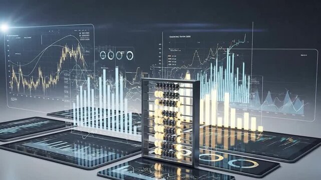 Abstract Visualization Of Data Analytics Charts And Abacus On Digital Screens With Bright Light