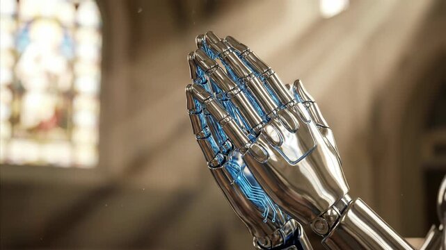 Robotic hands clasped in prayer. Cybernetic fingers glowing blue in church. Stained glass window with sunlight. Futuristic blend of technology and faith