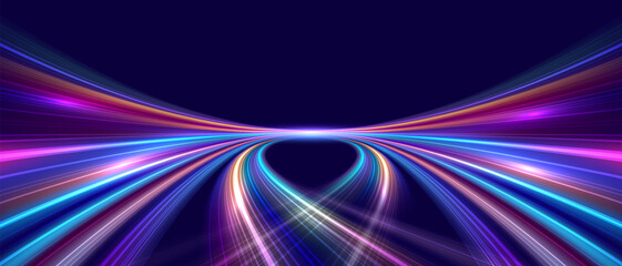 Modern abstract high speed movement with dynamic motion light trails, speed effect on dark blue background. Futuristic digital technology concept. Pattern for banner. Vector EPS10.
