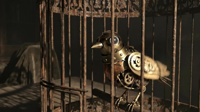 Mechanical bird in ornate brass cage. Steampunk automaton with gears and clockwork. Traveling circus attraction in dim vintage fairground setting.