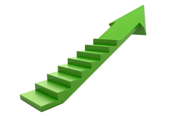 Ascending to Success: A vibrant green staircase morphs into a dynamic arrow, symbolizing progress, growth, and the upward trajectory towards success.