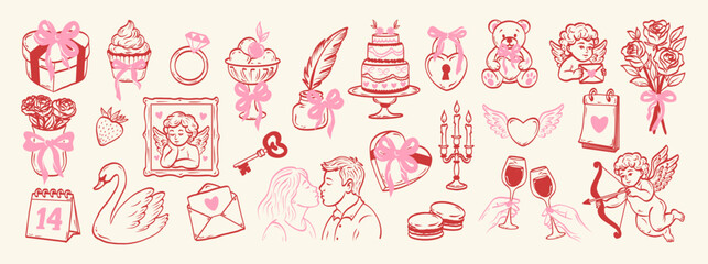 Obraz premium Coquettish elements for Valentine's Day, wedding invitations, cards. Hand drawn cute girly bows,hearts, ribbons, champagne, strawberry. Vintage vector illustration.
