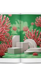 Abstract coral scene on a book backdrop showcasing a surreal underwater world