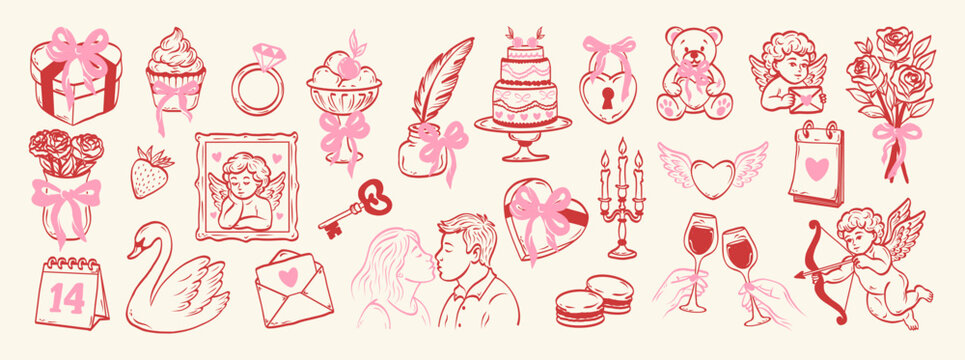 Coquettish elements for Valentine's Day, wedding invitations, cards. Hand drawn cute girly bows,hearts, ribbons, champagne, strawberry. Vintage vector illustration.