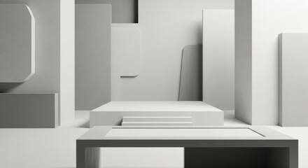 Monochromatic architectural space with geometric shapes and minimalist platform