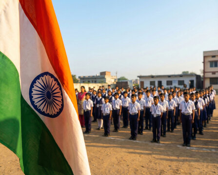 Republic day celebration: Indian school students celebrating Independence Day or republic day with national flag in school assembly