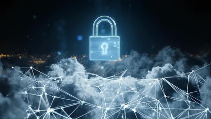A glowing padlock symbol hovers above a digital network against a stormy, starry background - Powered by Adobe