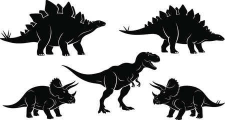Black dinosaur silhouettes collection featuring Tyrannosaurus Rex, Stegosaurus, and Triceratops isolated on white background, prehistoric animal vector icons set for nature design © Abida
