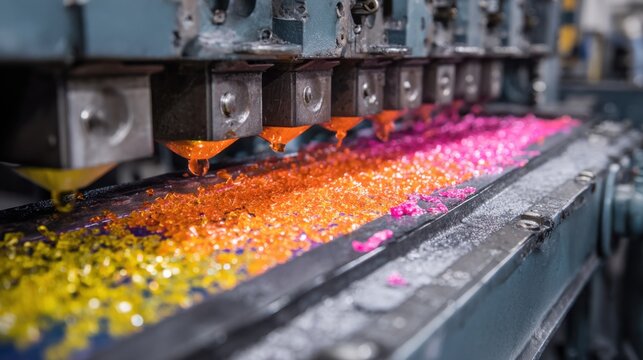 Medium shot of colored vinyl pressing line highlighting vibrant pellets being melted and molded into unique brighthued records.