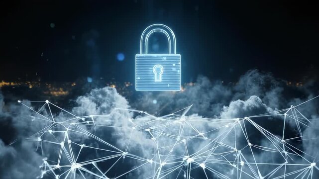 A glowing padlock symbol hovers above a digital network against a stormy, starry background